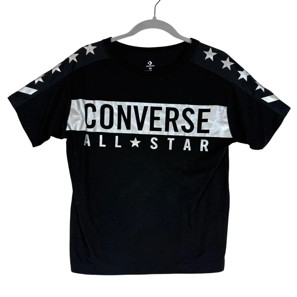 Converse Shirt Kids XL Black Metallic All Star Logo Sleeve Stars Tee Top